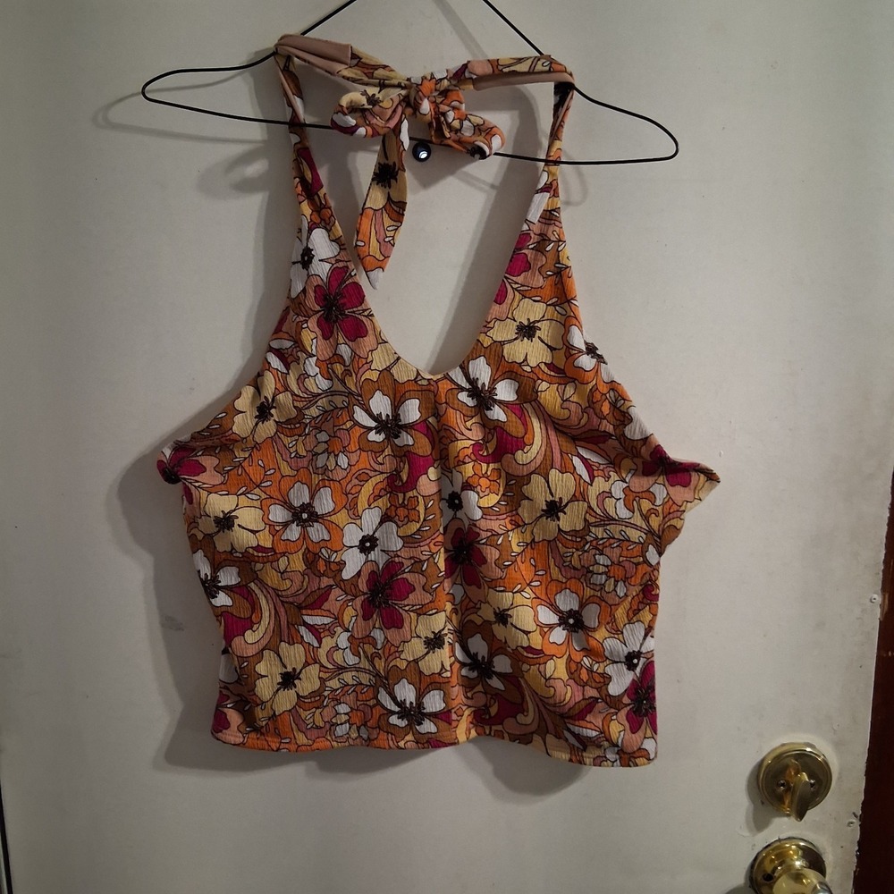 Y2K Floral Halter Top XL Brown Psychedelic Boho Festival Tie Neck Indie Retro